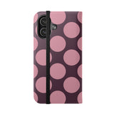 iPhone 17 Vegan Leather Wallet Case – Pink Plum Polka Dot Design