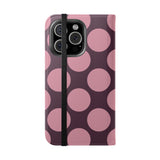iPhone 16 Pro Vegan Leather Wallet Case – Pink Plum Polka Dot Design