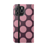 iPhone 15 Pro Max Vegan Leather Wallet Case – Pink Plum Polka Dot Design