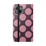 iPhone 14 Vegan Leather Wallet Case – Pink Plum Polka Dot Design