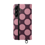 Samsung Galaxy S25 Vegan Leather Wallet Case – Pink Plum Polka Dot Design