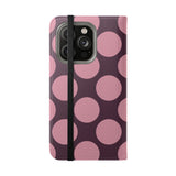 iPhone 14 Pro Vegan Leather Wallet Case – Pink Plum Polka Dot Design