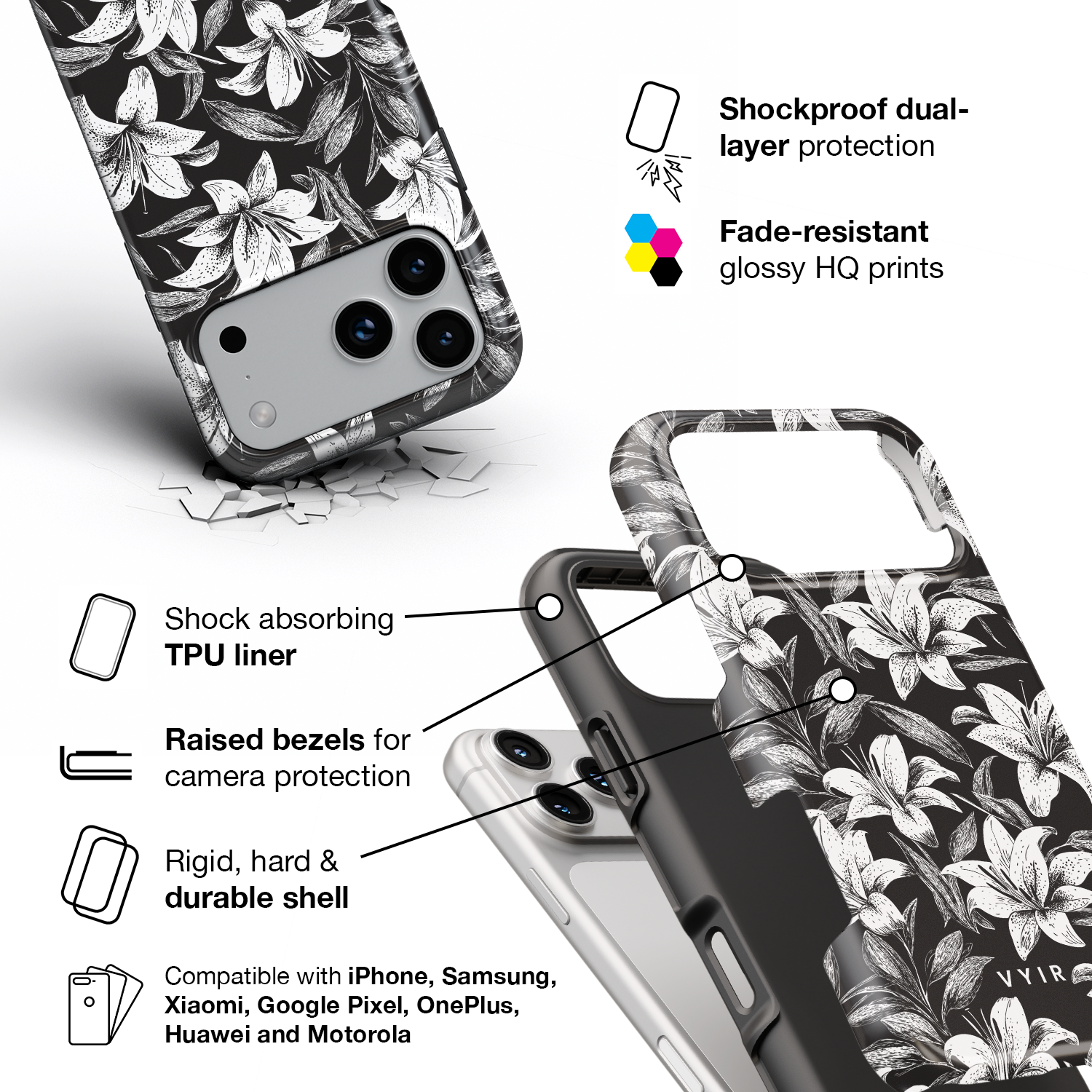 Monochrome Lilies - Shockproof Phone Case - VYIR