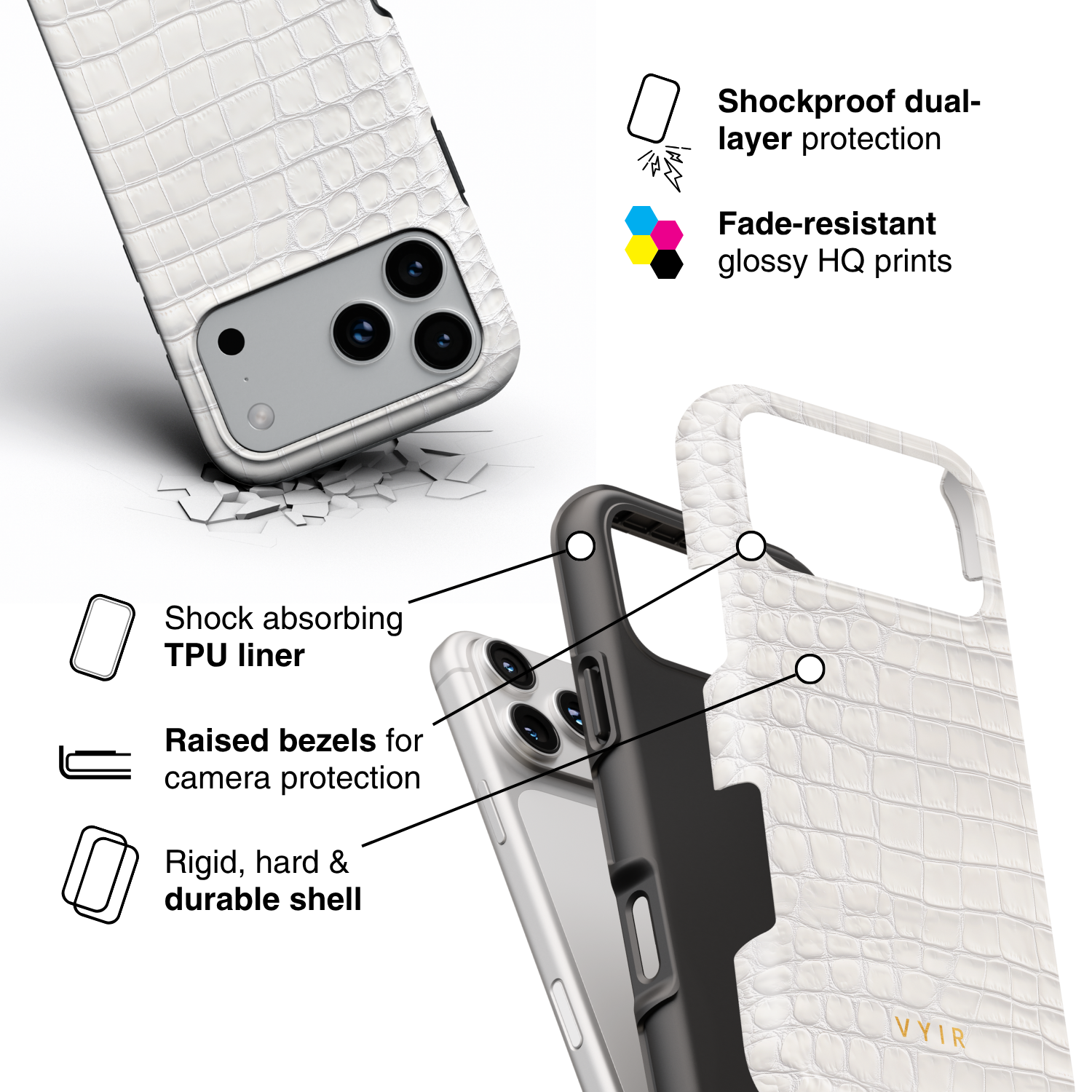 Croc Leather Print White - Shockproof Phone Case - VYIR