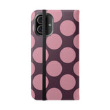 iPhone 16 Plus Vegan Leather Wallet Case – Pink Plum Polka Dot Design