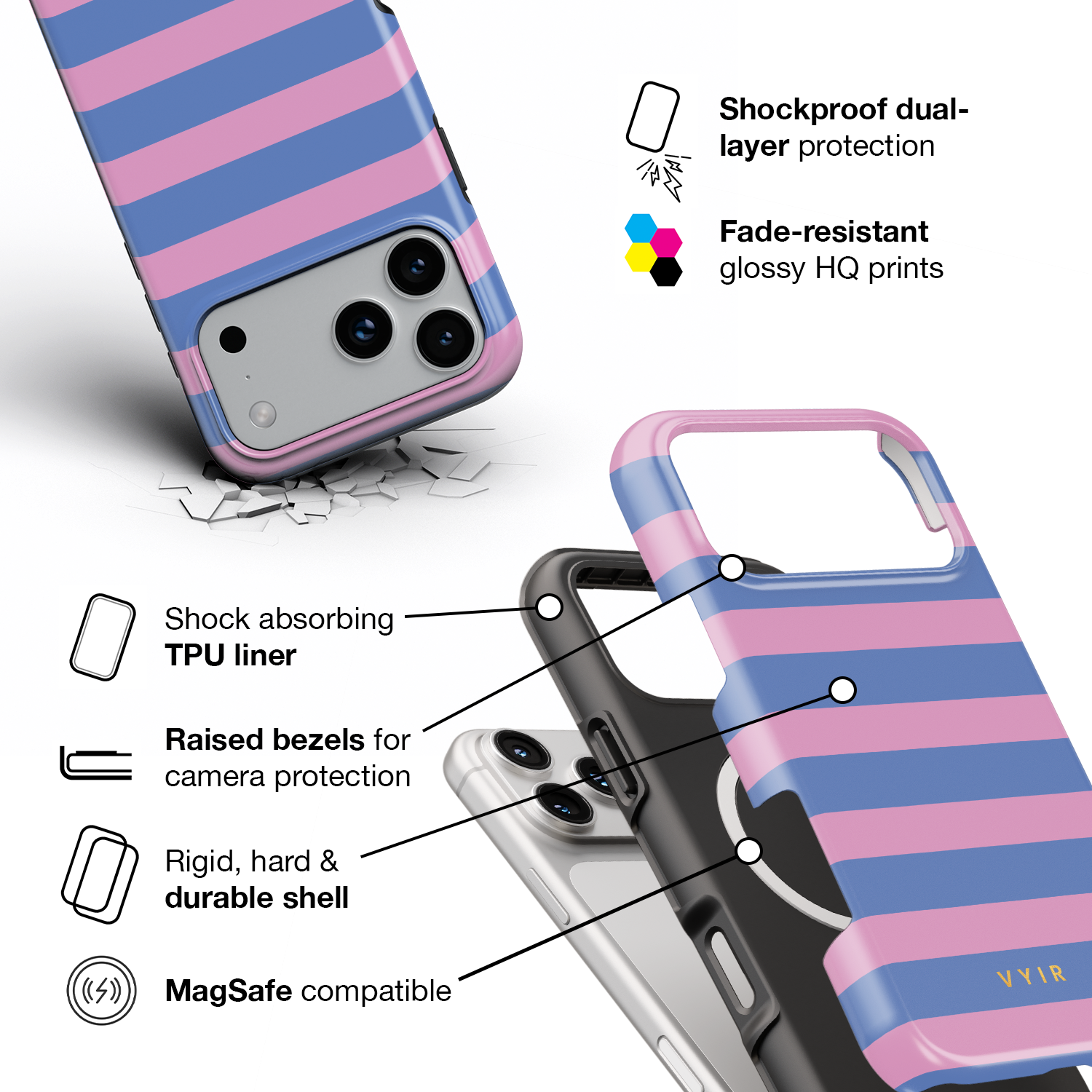 Horizontal Stripes, Periwinkle Dream - Shockproof MagSafe iPhone Case - VYIR